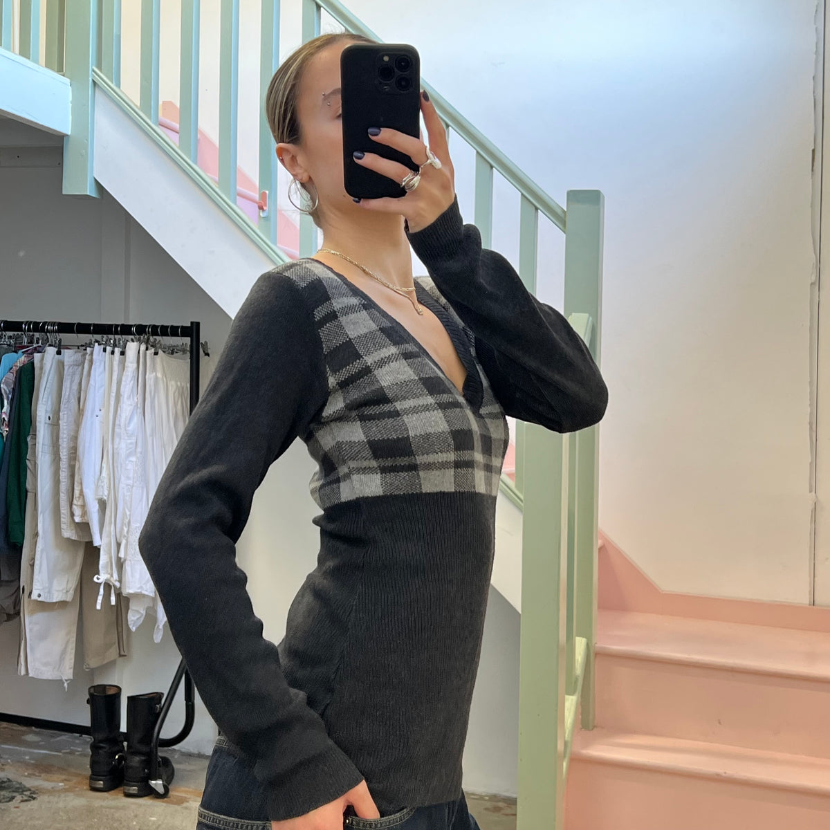 Black v neck check sweater