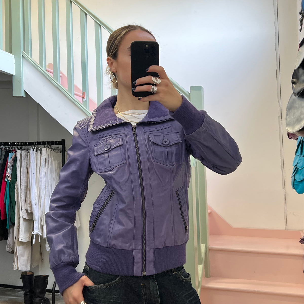 ONLY purple leather bomber jacket