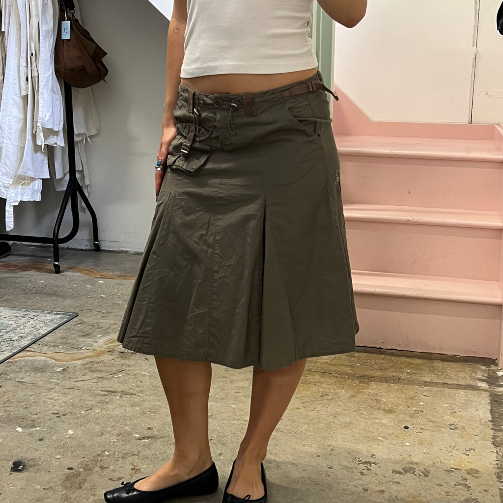Khaki pleated cargo midi skirt