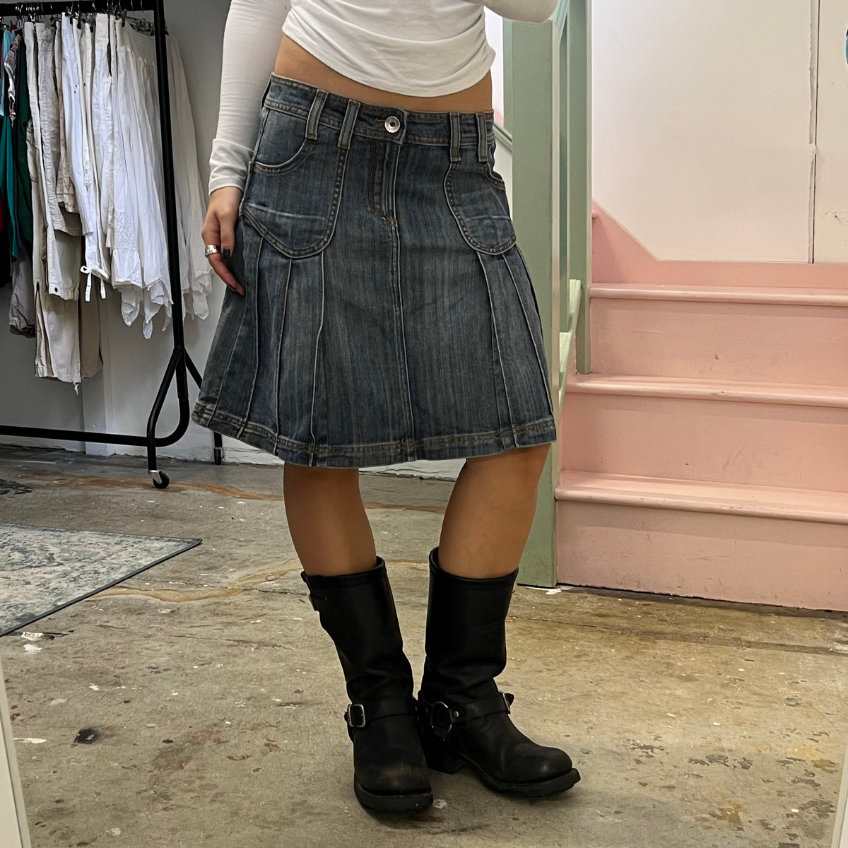 Denim pleated midi skirt