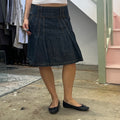 Dark wash denim pleated midi skirt