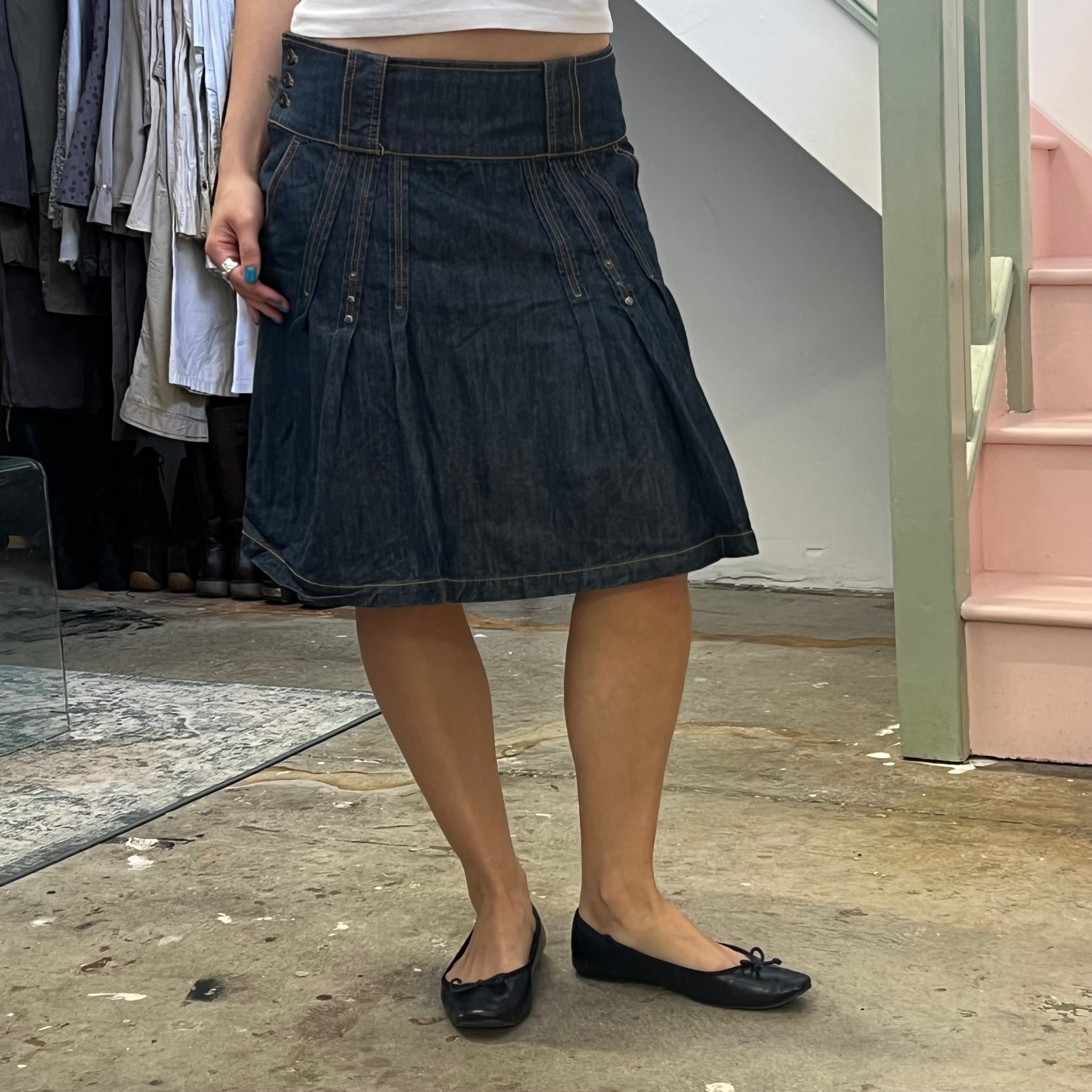 Dark wash denim pleated midi skirt