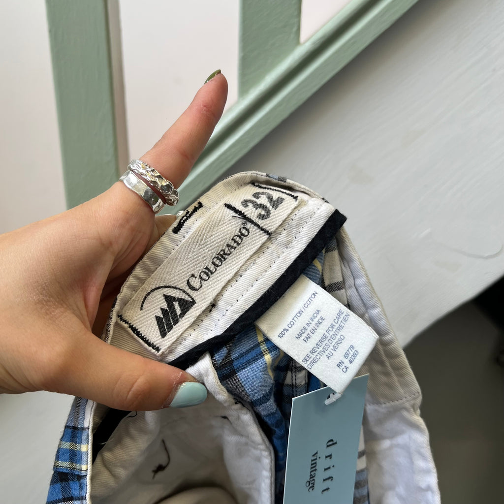 Blue and white checkered baggy shorts