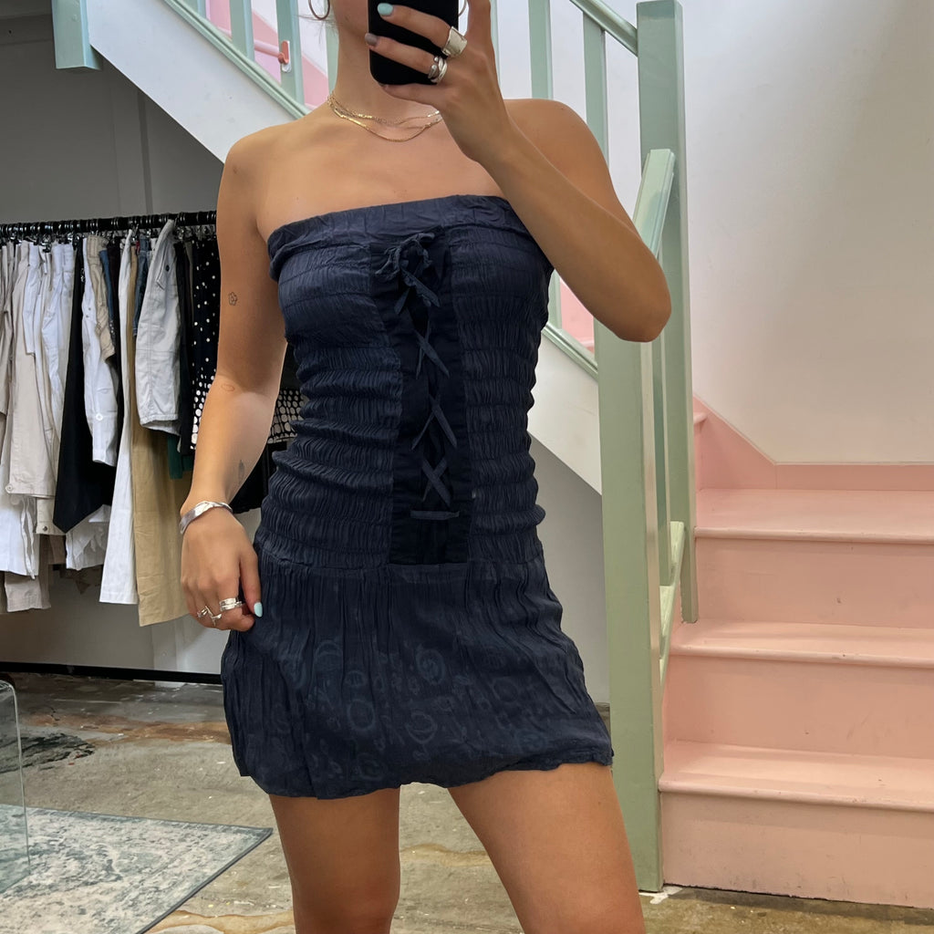 Navy silk strapless mini dress