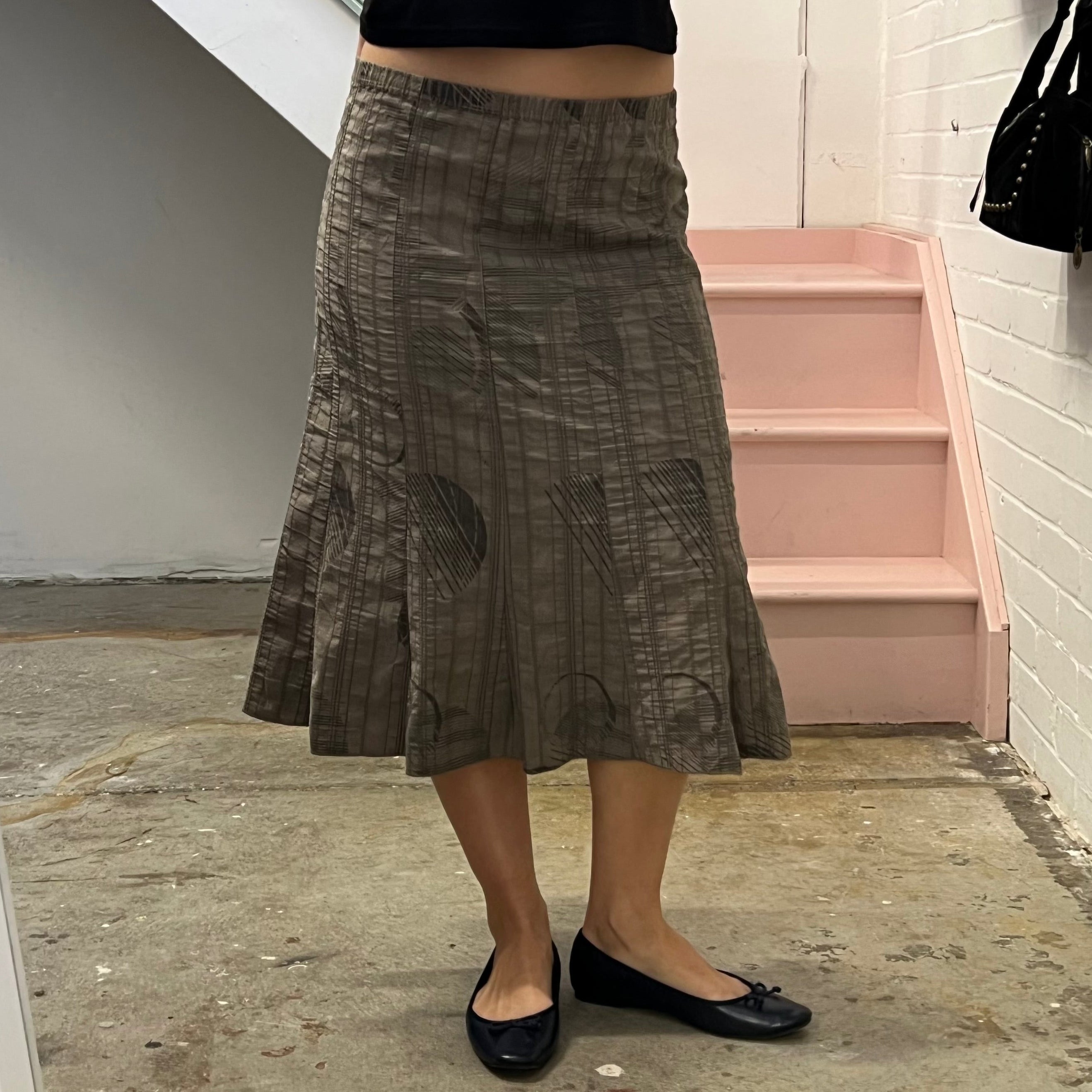 Grey polka dot geo print crinkle floaty midi skirt