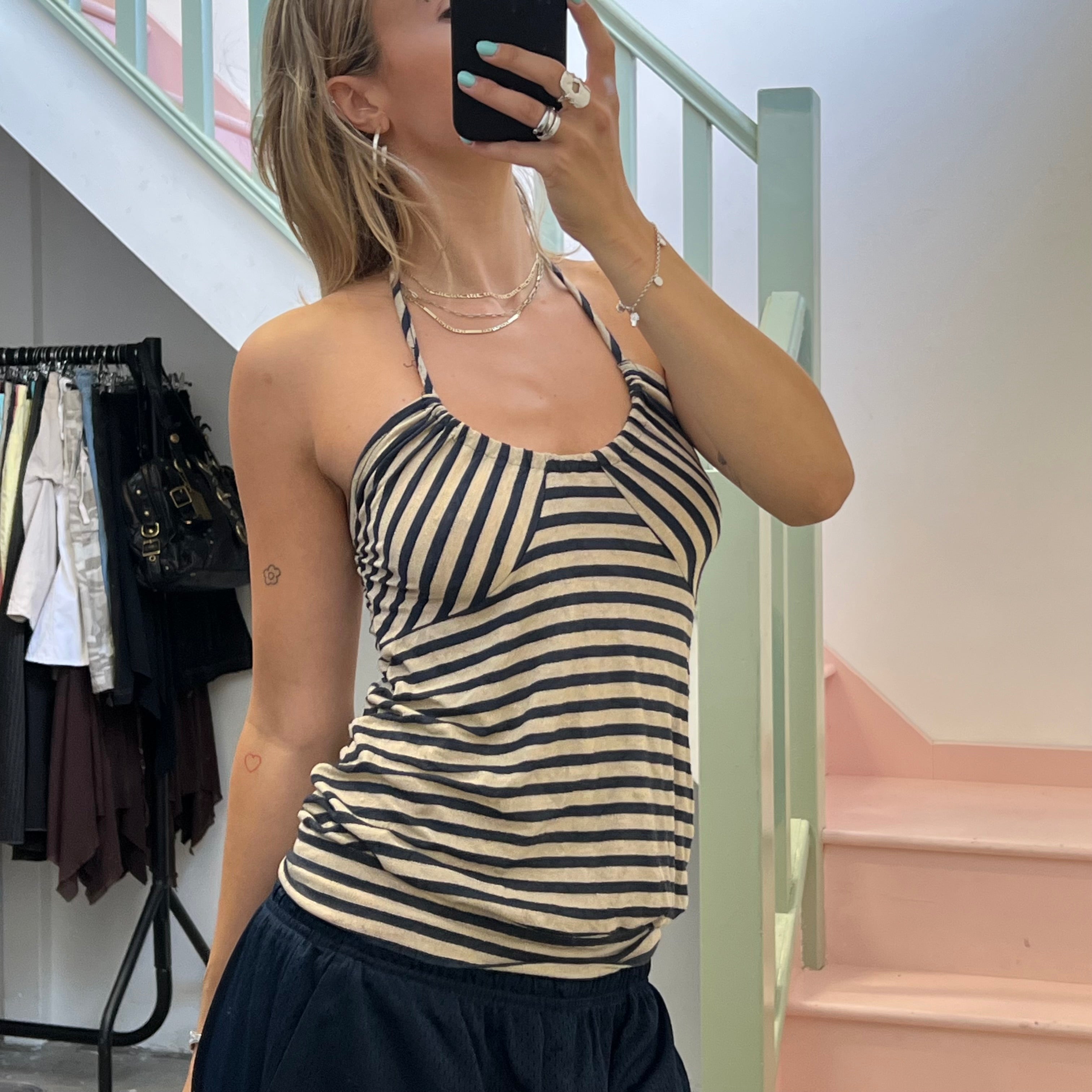 Navy and cream striped slouchy halter neck top