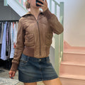 Brown leather zip up bomber jacket
