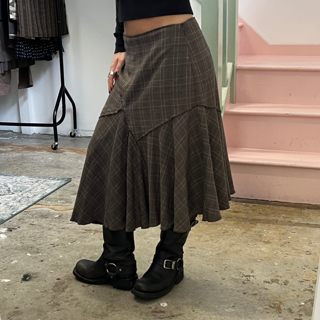 Brown check asymmetrical maxi skirt