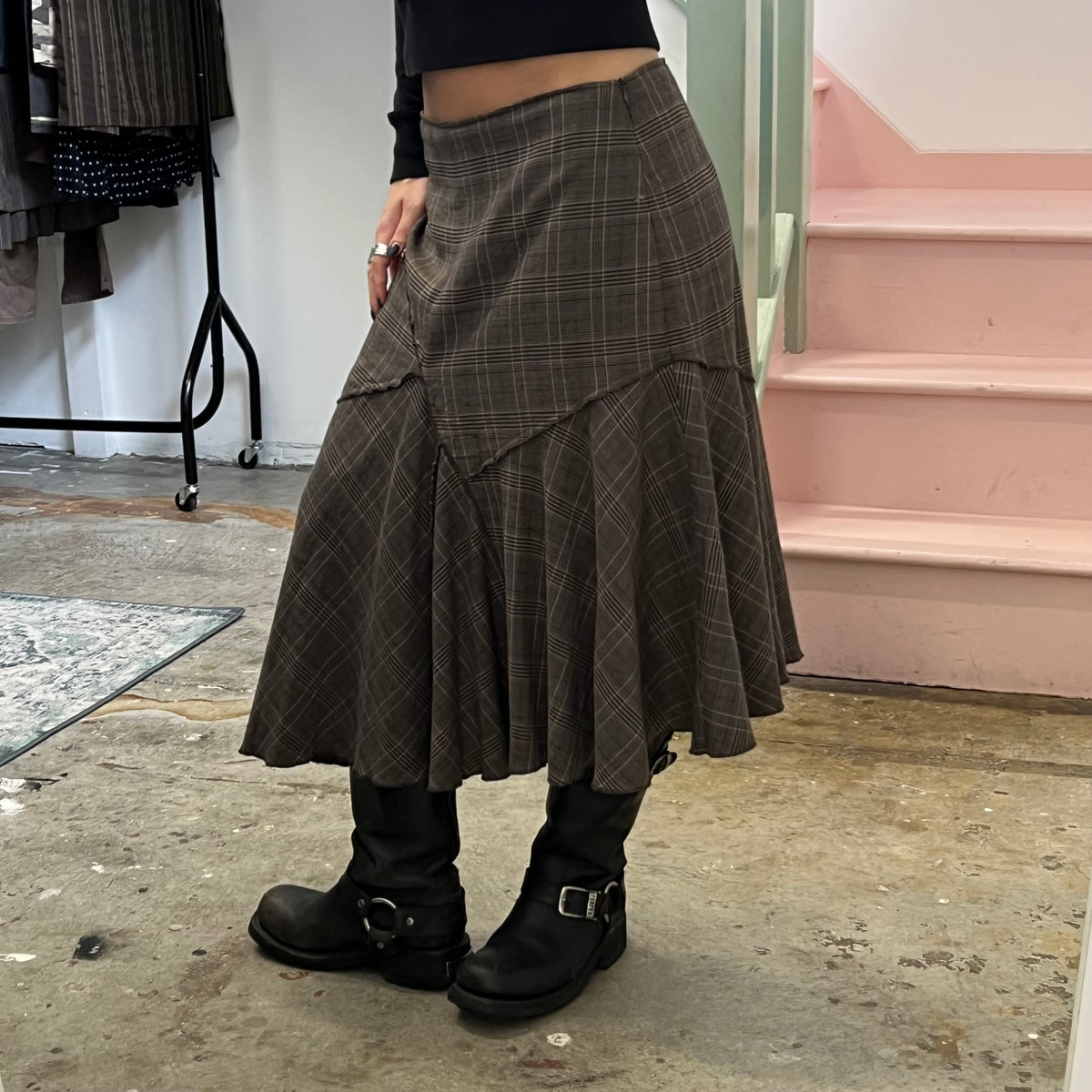 Brown check asymmetrical maxi skirt