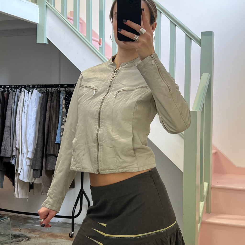 Cream zip up fitted leather jacket