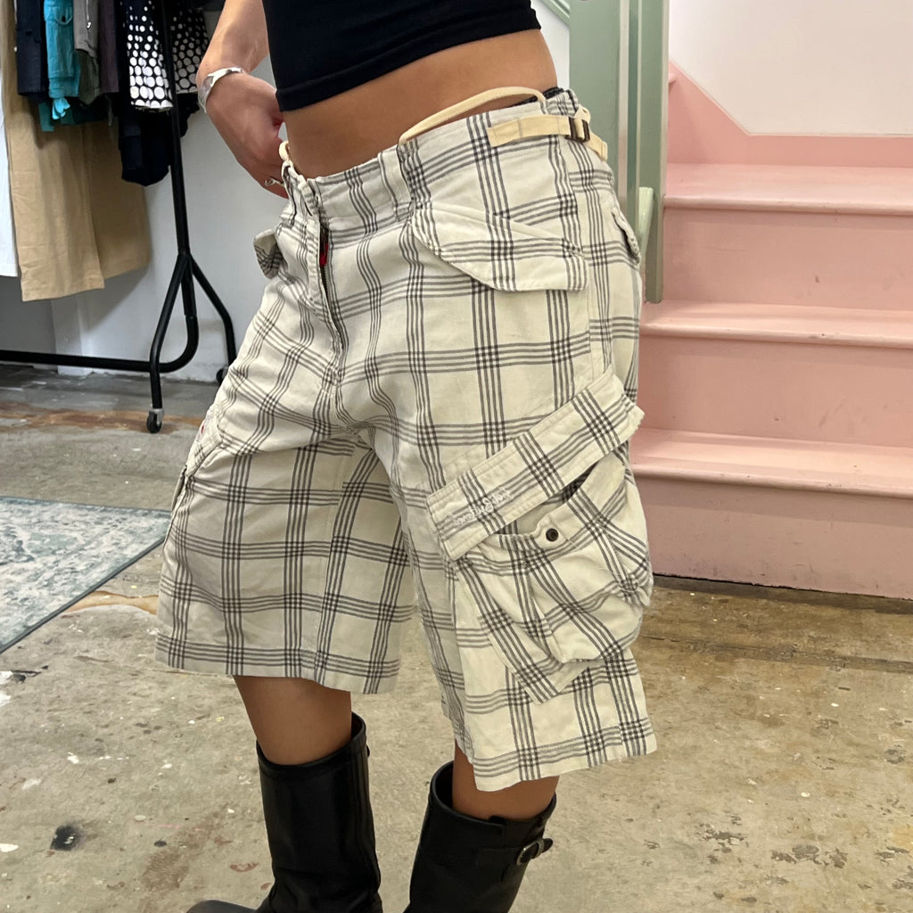 White and grey checkered baggy cargo shorts