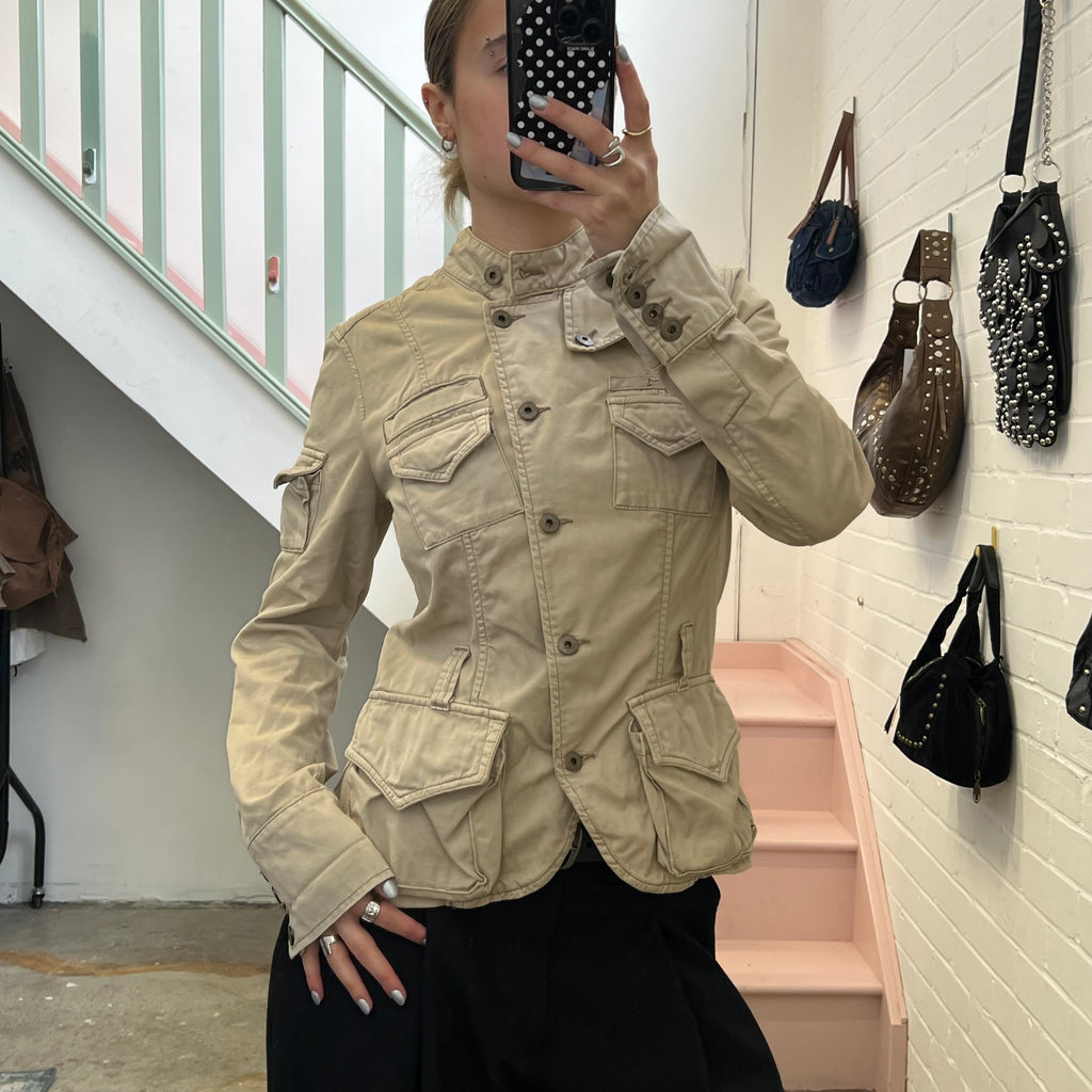 Cream button up utility style fitted jacket