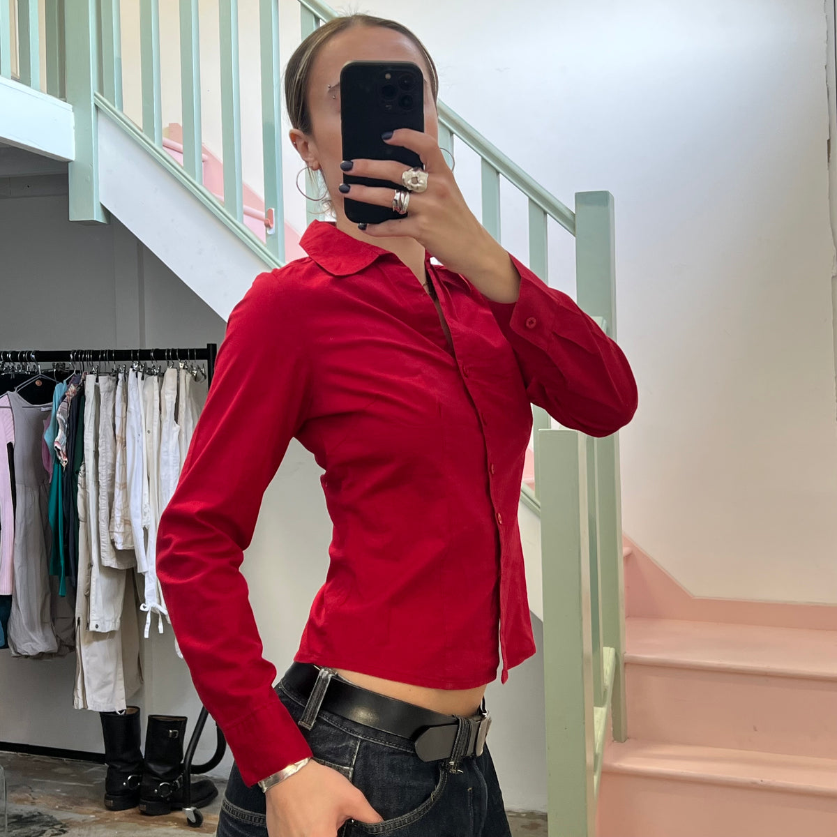 Red fitted long sleeve shirt