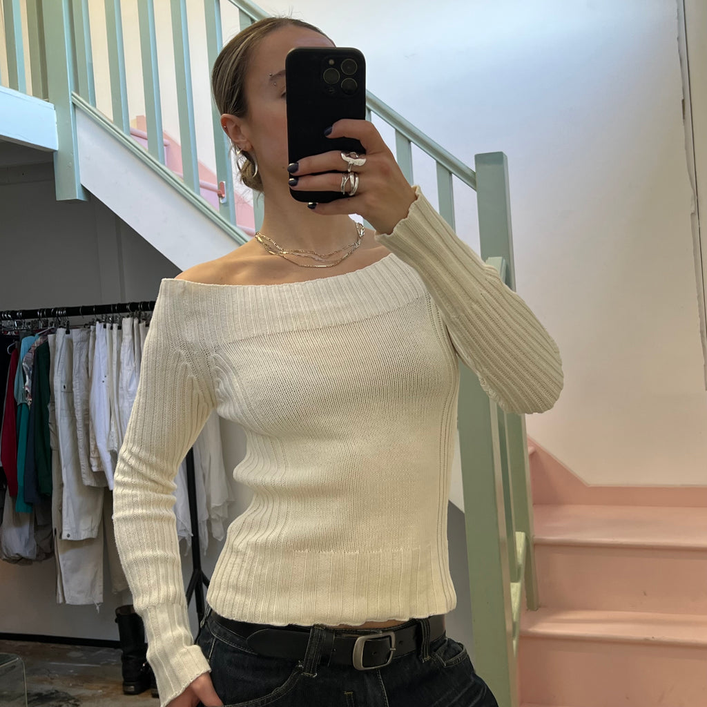 Cream knitted off shoulder sweater