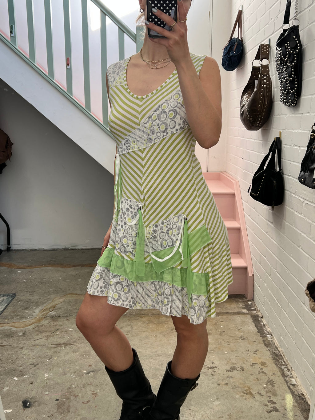 Green and white striped polka dot layered mini dress