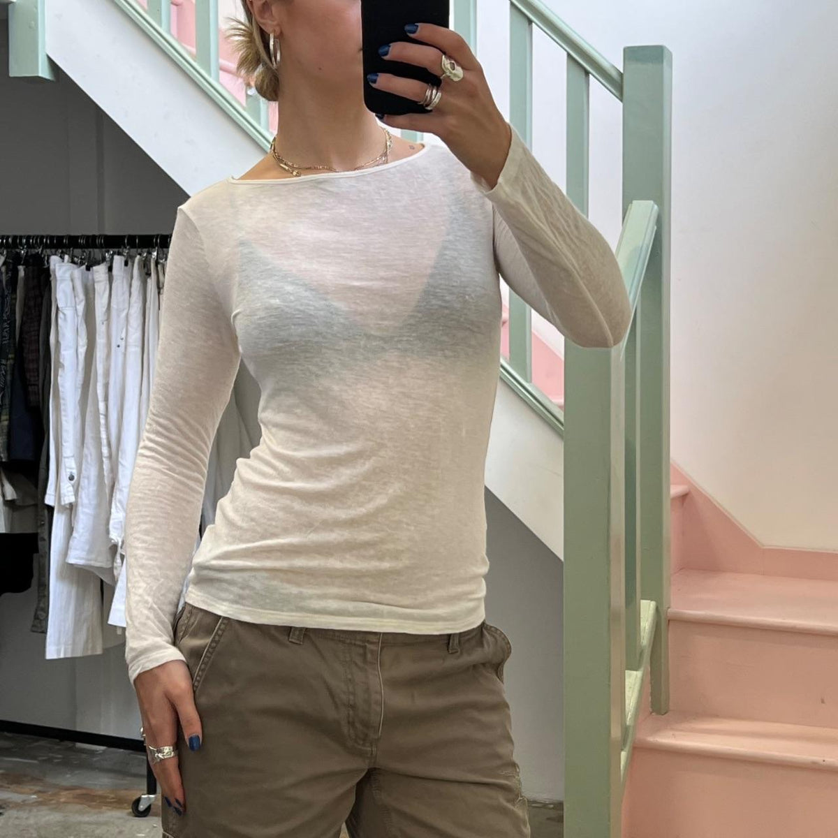 White cotton fitted boat neck top