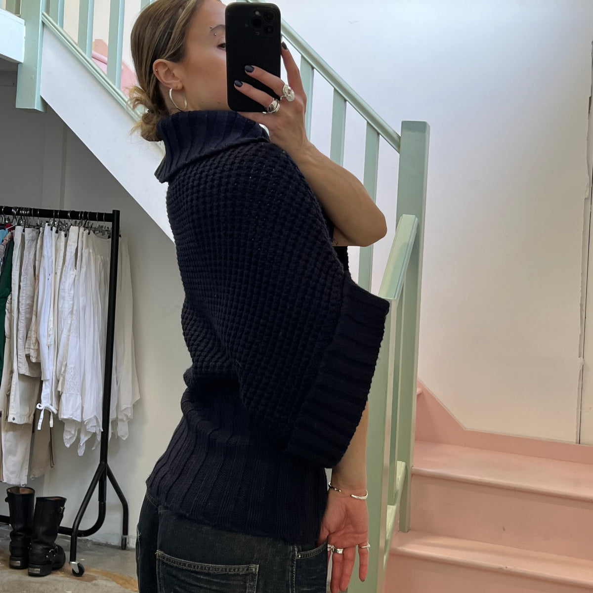 Navy chunky knit batwing roll neck sweater