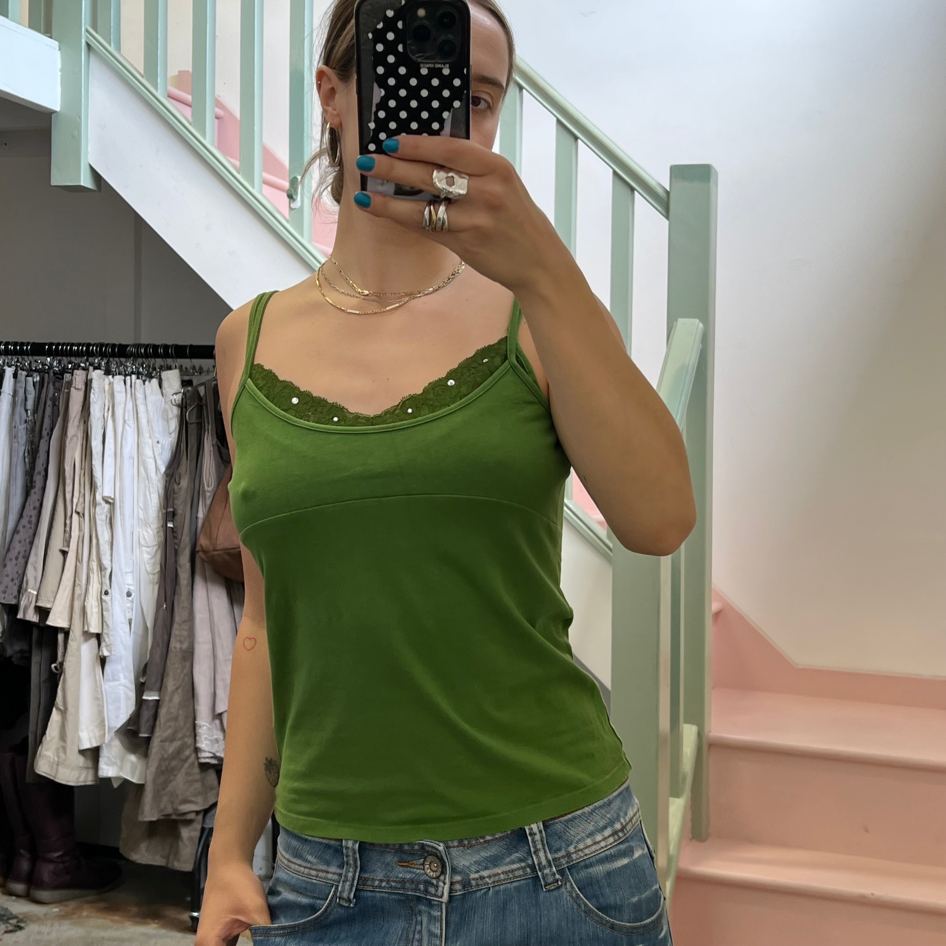 Green lace trim cami