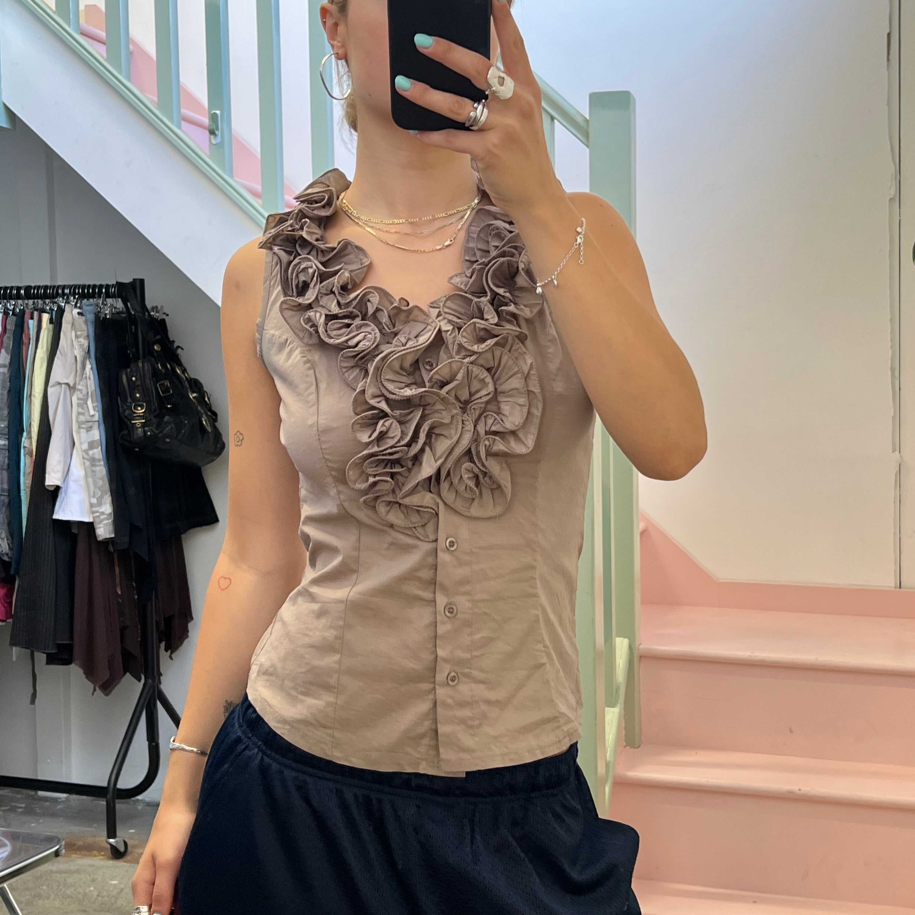 Brown ruffle button up vest