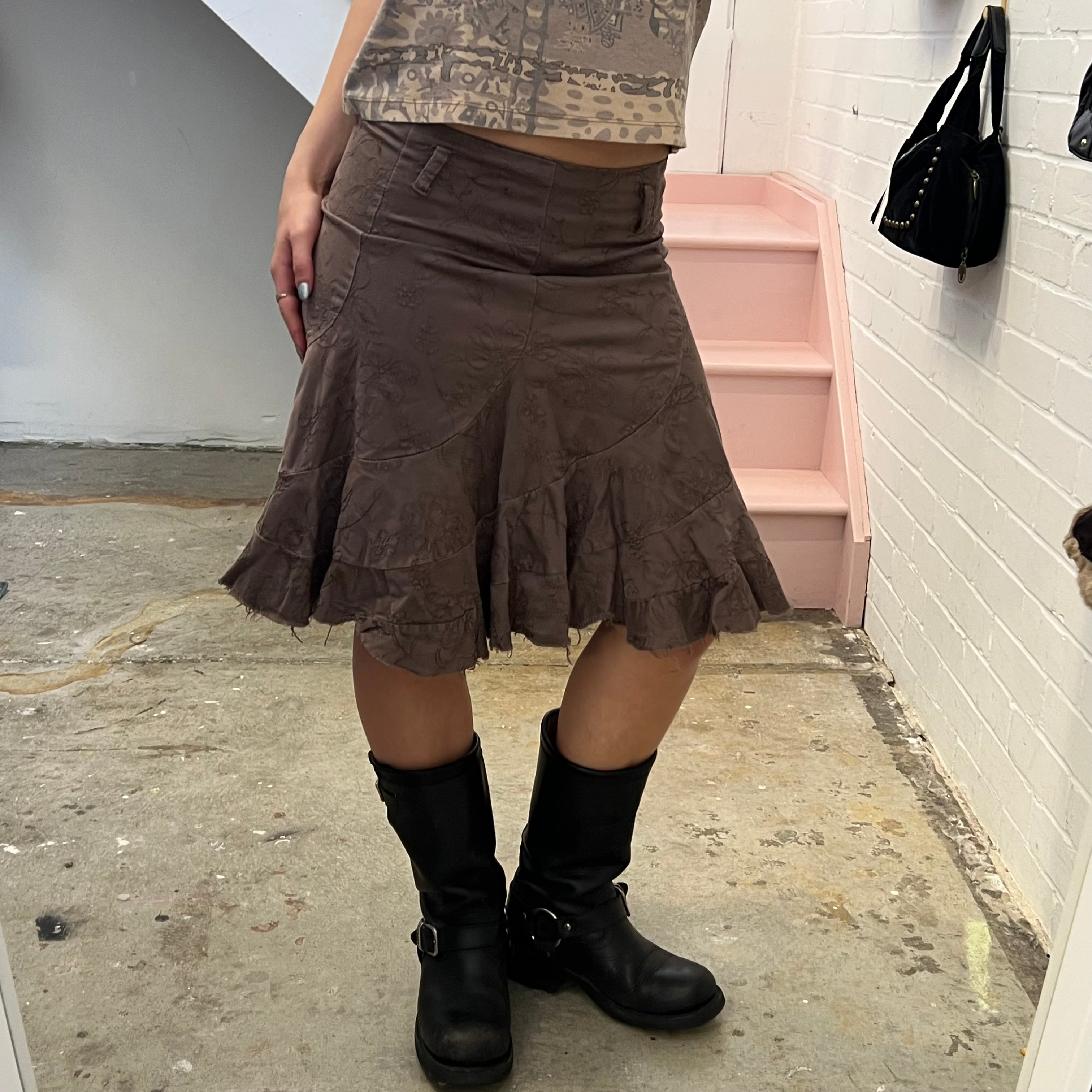 Brown embroidered flared midi skirt
