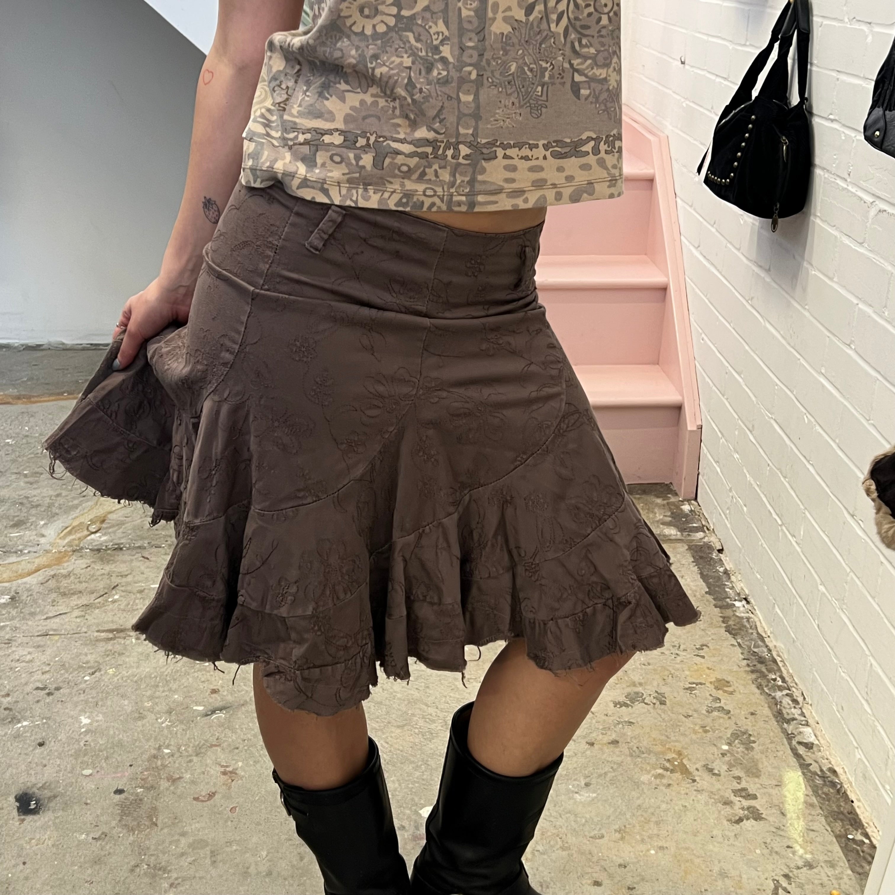 Brown embroidered flared midi skirt