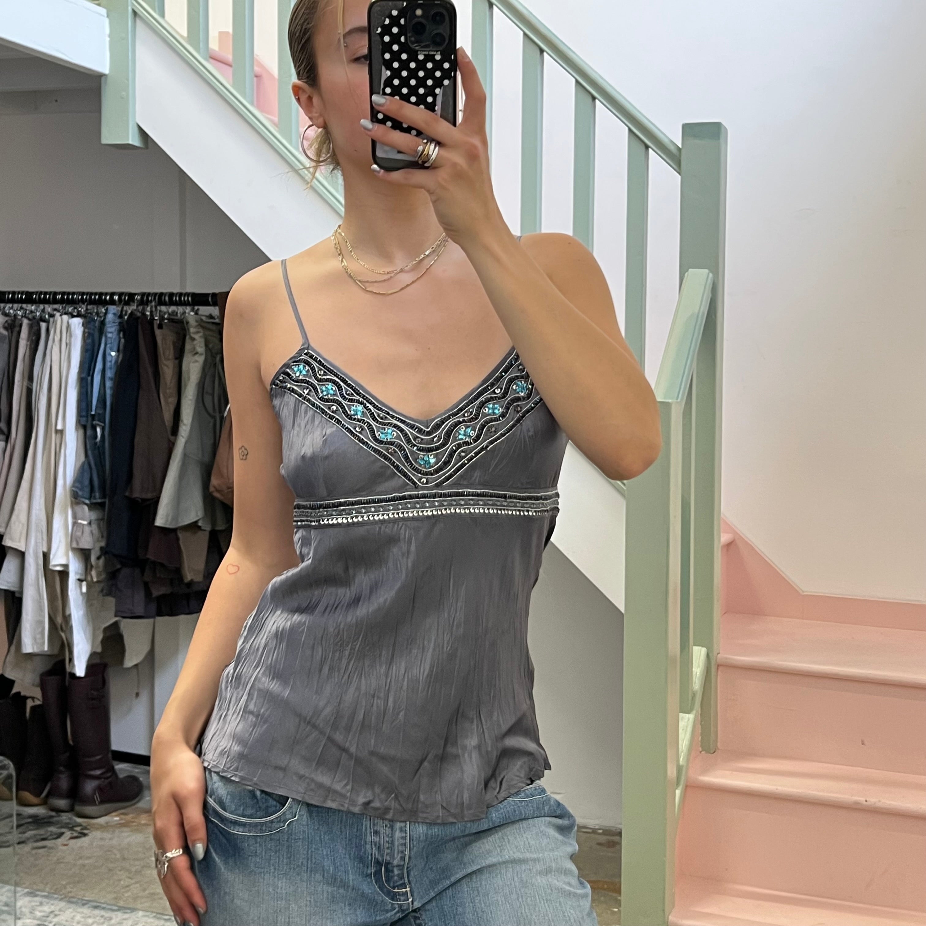Grey silk crinkle beaded cami