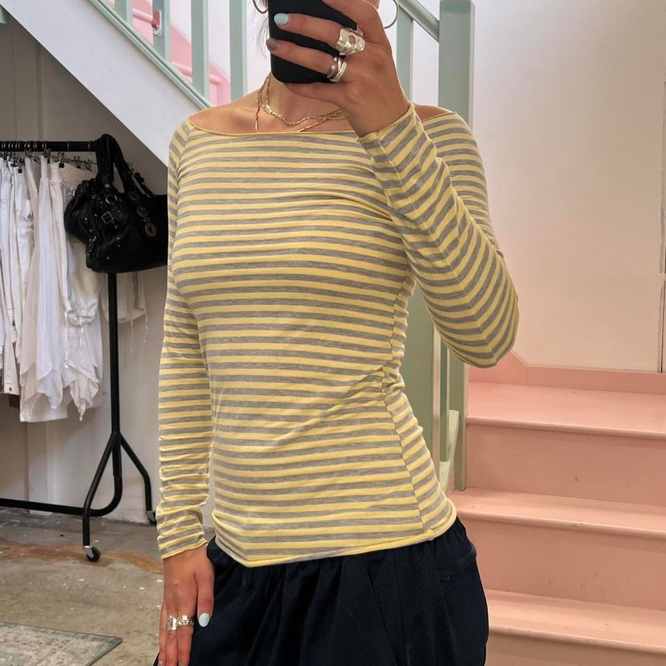 Yellow and grey striped fitted boat neck top