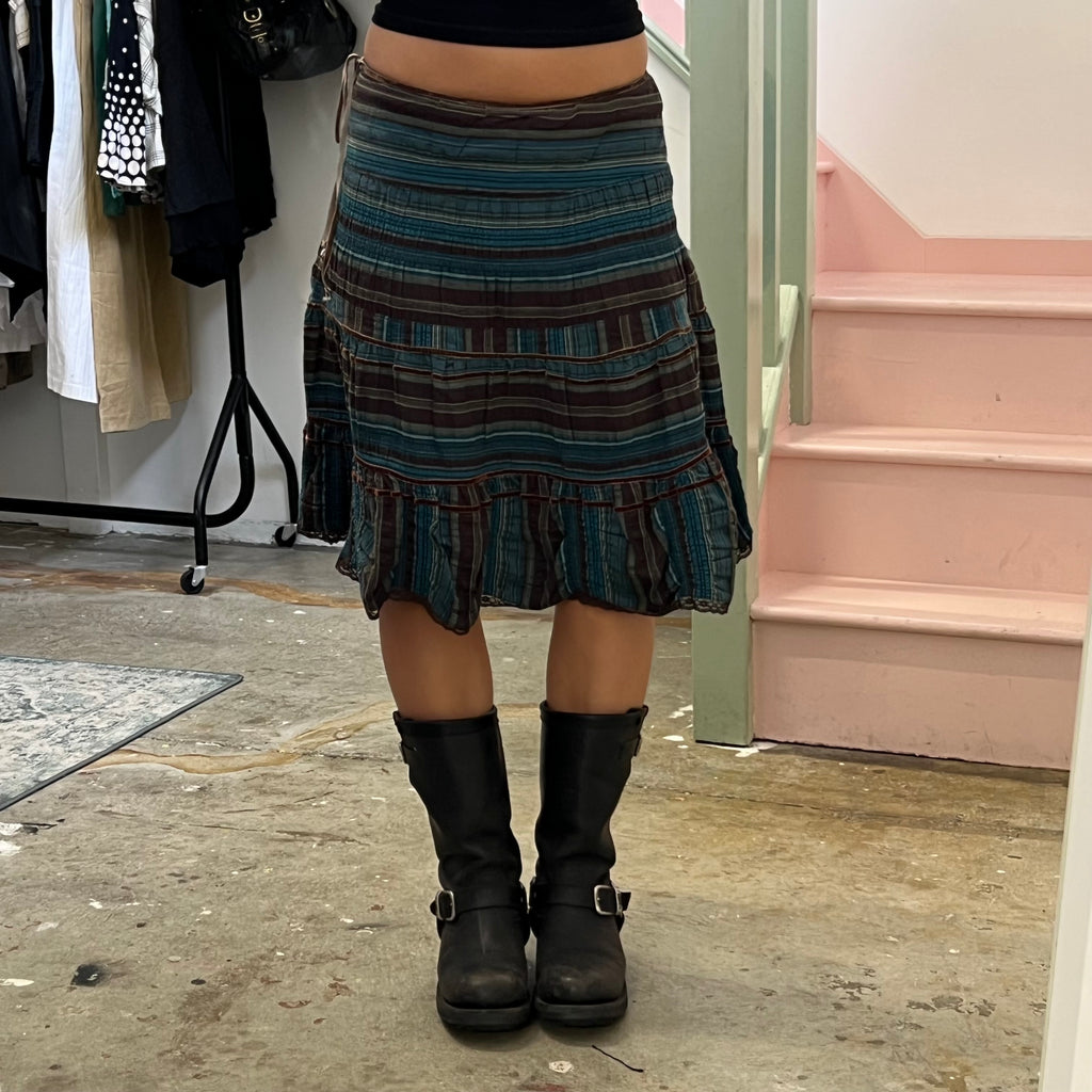 Brown and blue striped midi skirt