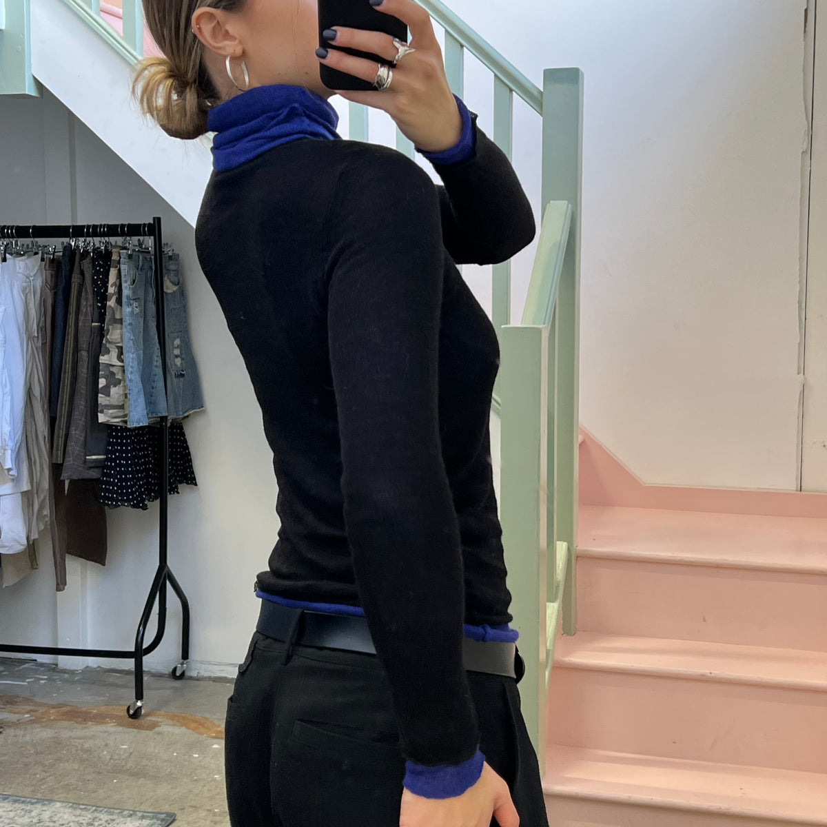 Black and blue layered roll neck knit
