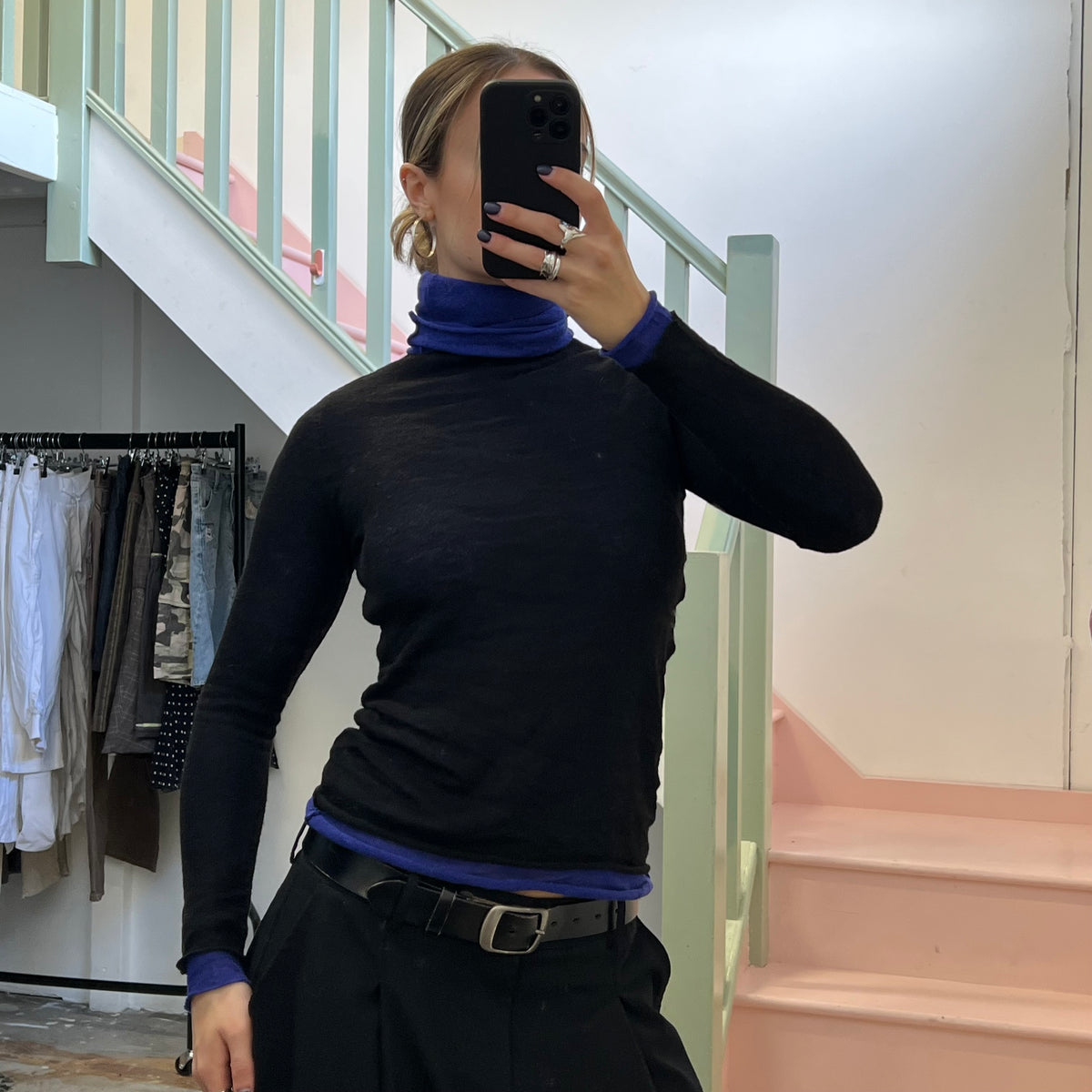 Black and blue layered roll neck knit