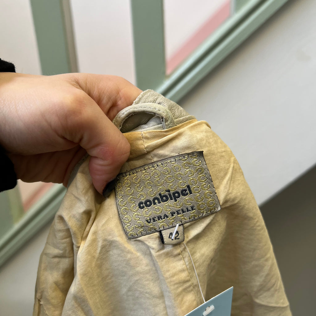 Cream zip up fitted leather jacket