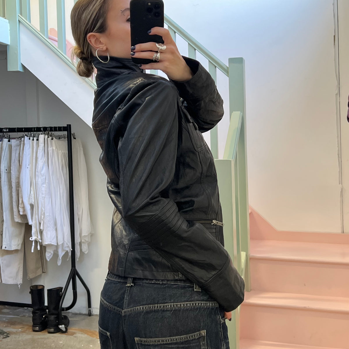 Black leather button up utility jacket