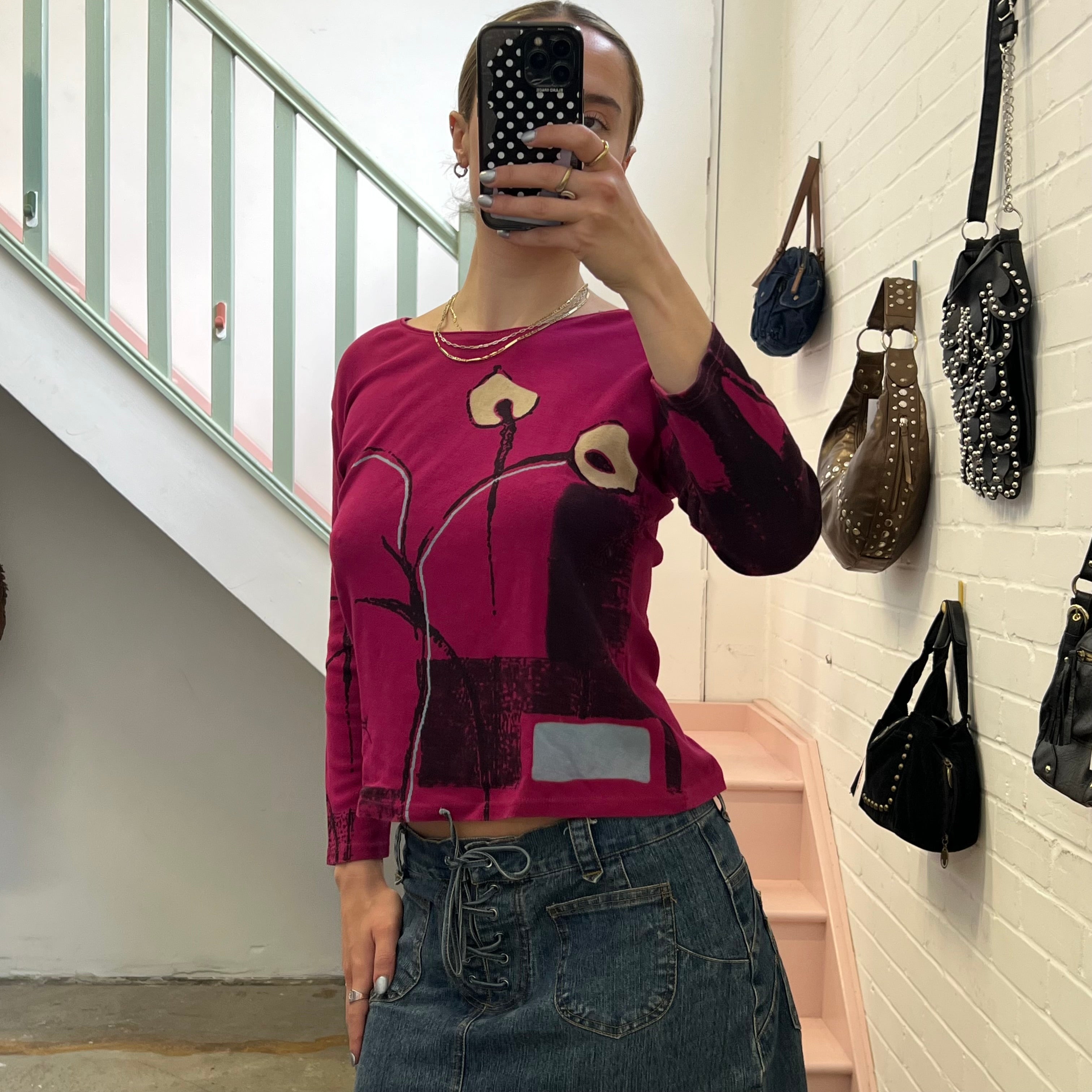 Dark pink graphic print long sleeve top