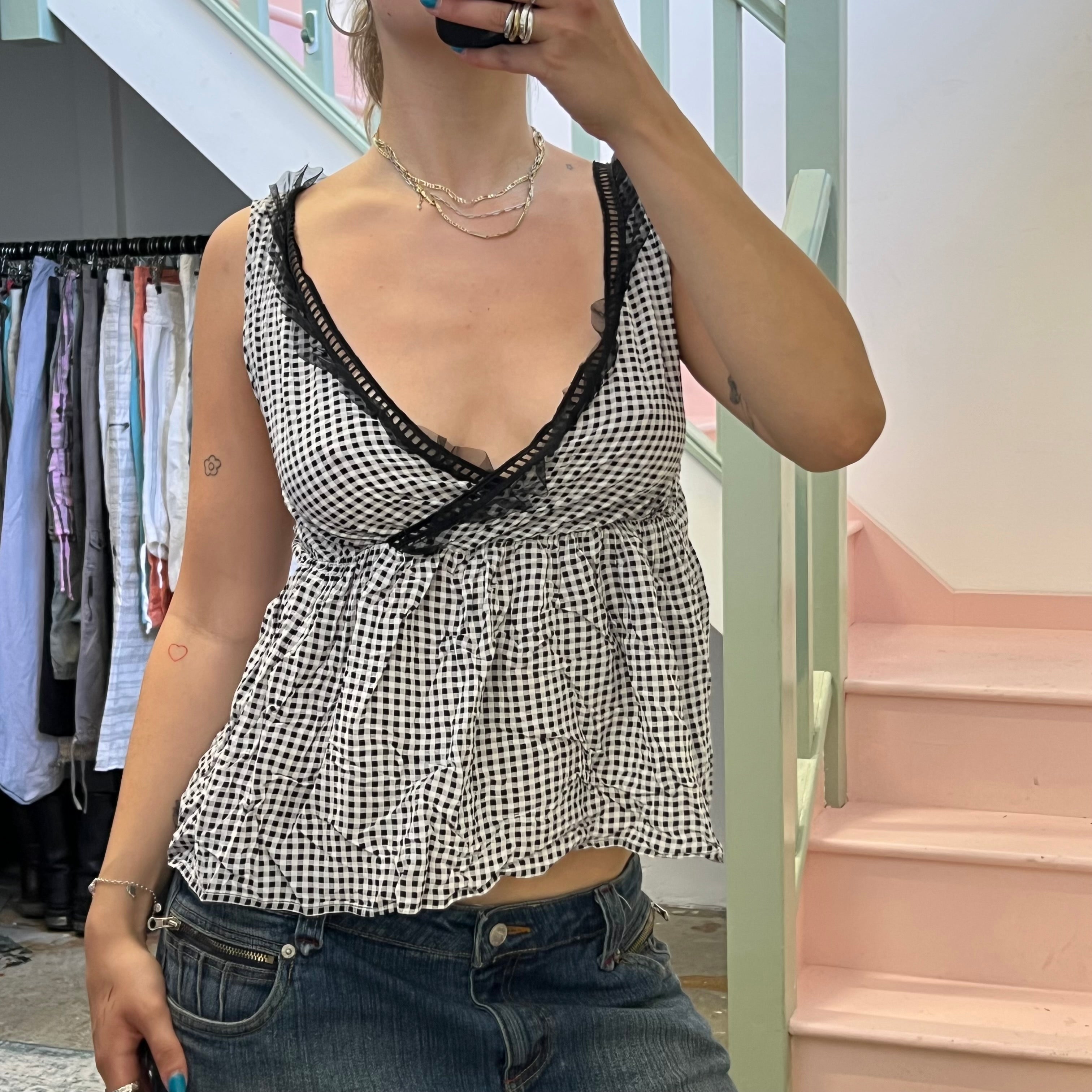 Black and white gingham lace trim vest
