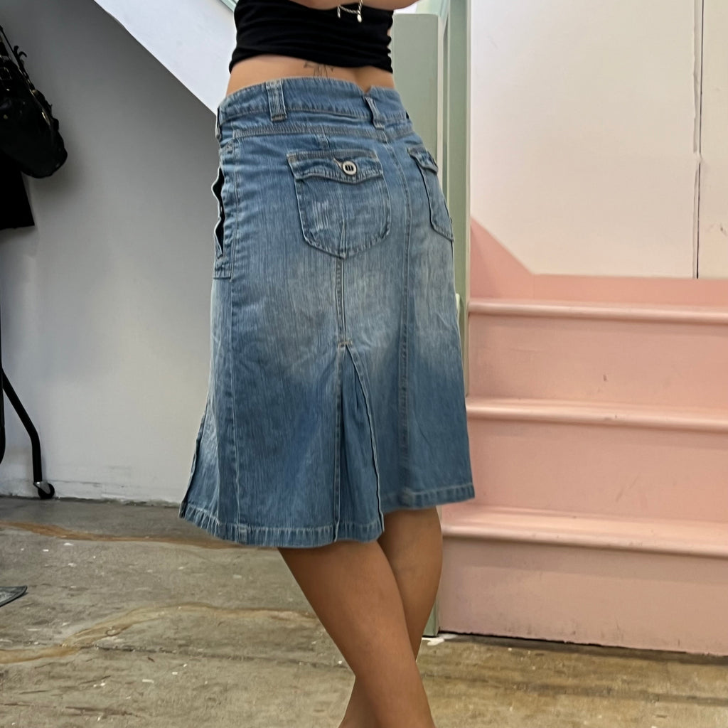 Cecil light wash pleated denim midi skirt