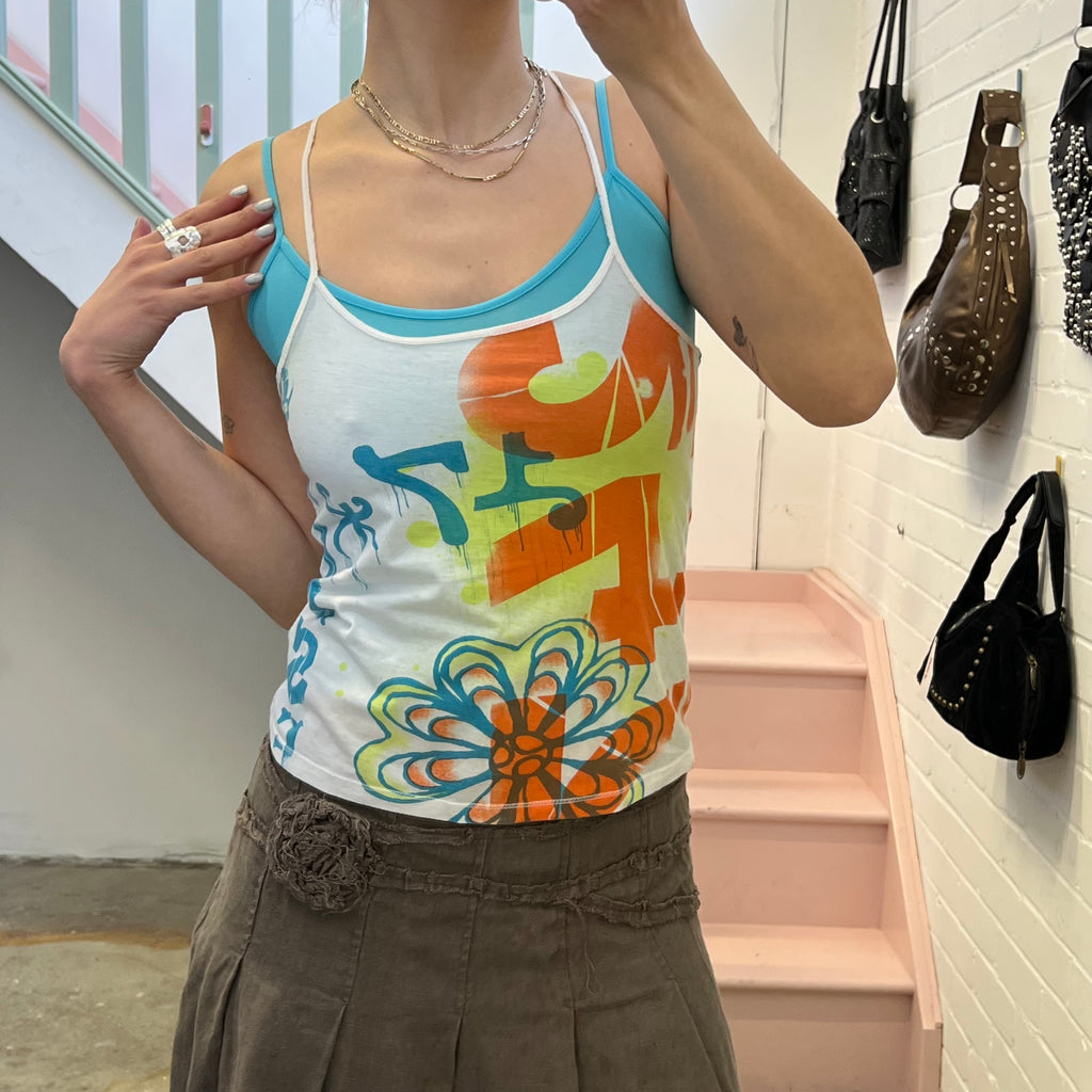 Graphic print layered vintage vest