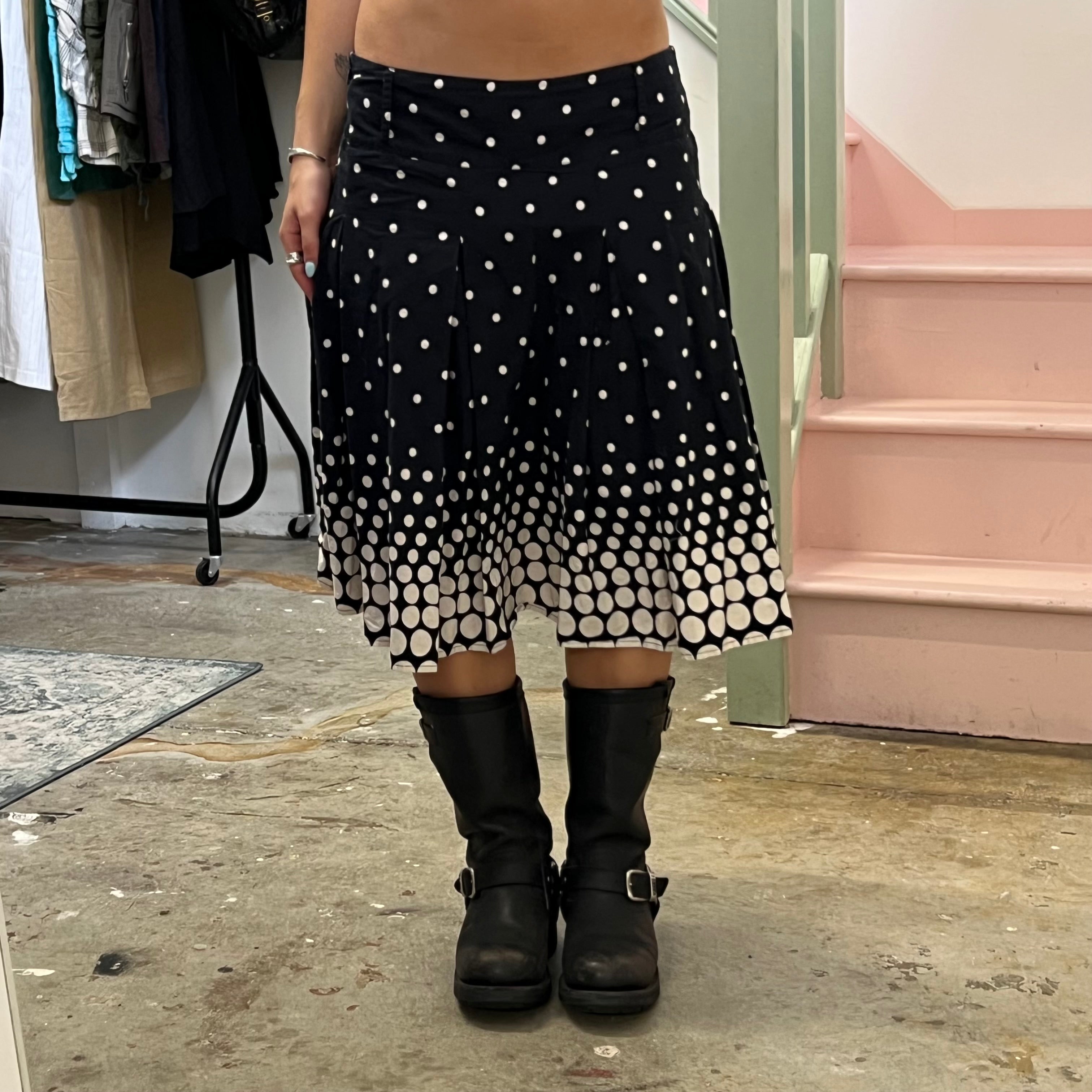Navy and white polka dot pleated midi