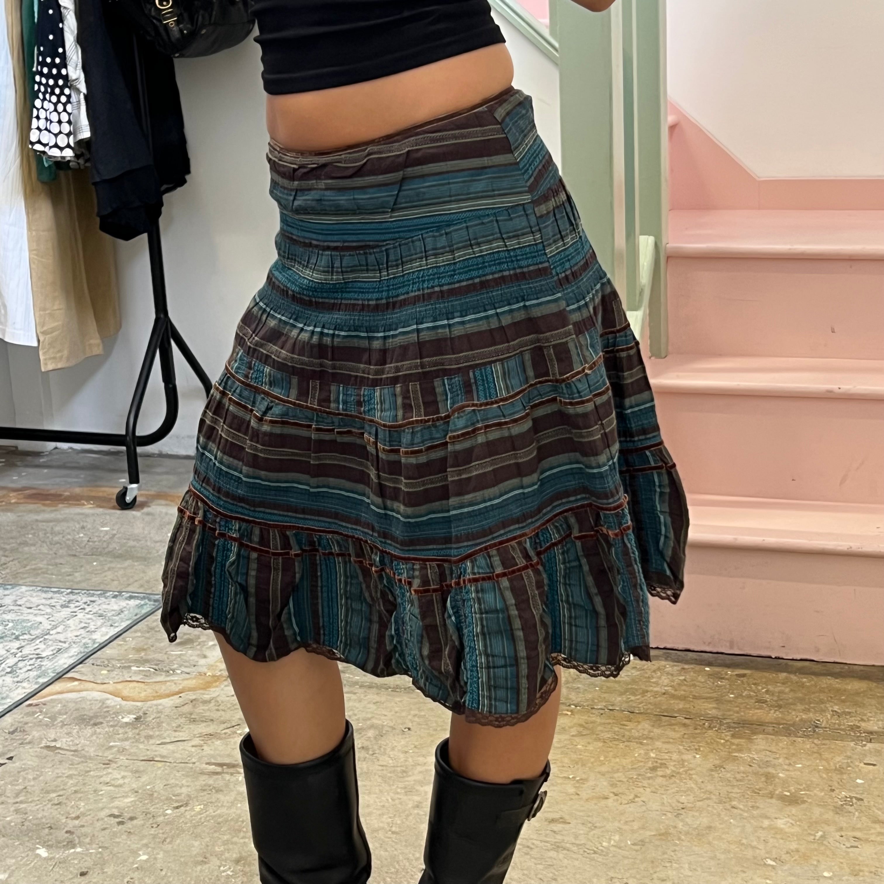 Brown and blue striped midi skirt