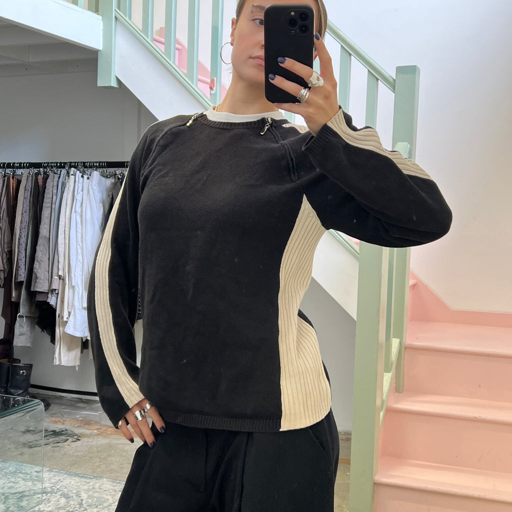 Black and cream knitted zip sweater