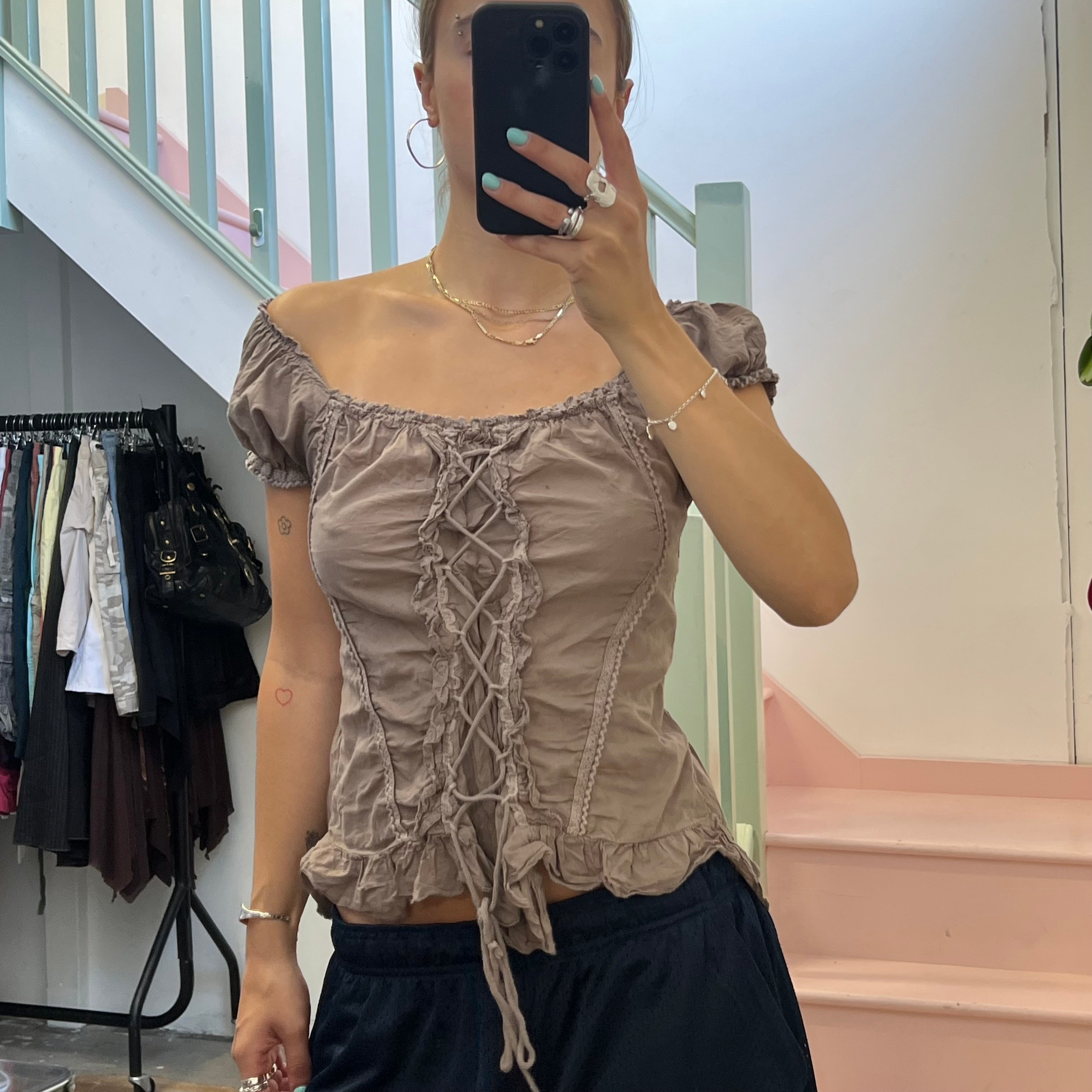 Brown lace up off shoulder corset top