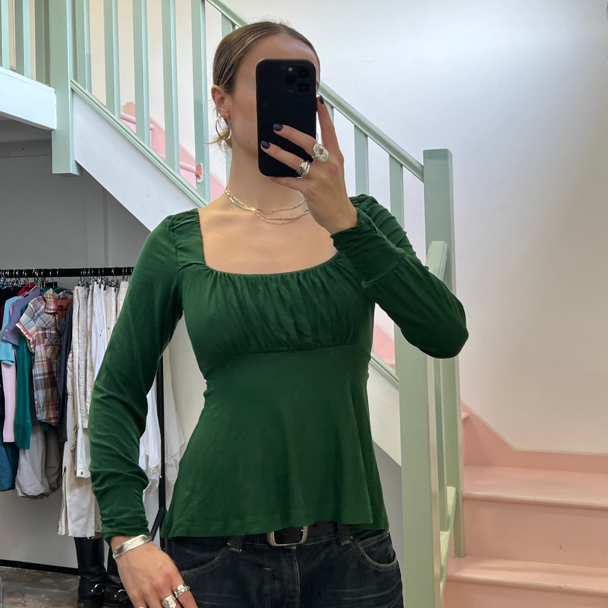 Dark green ruched long sleeve top