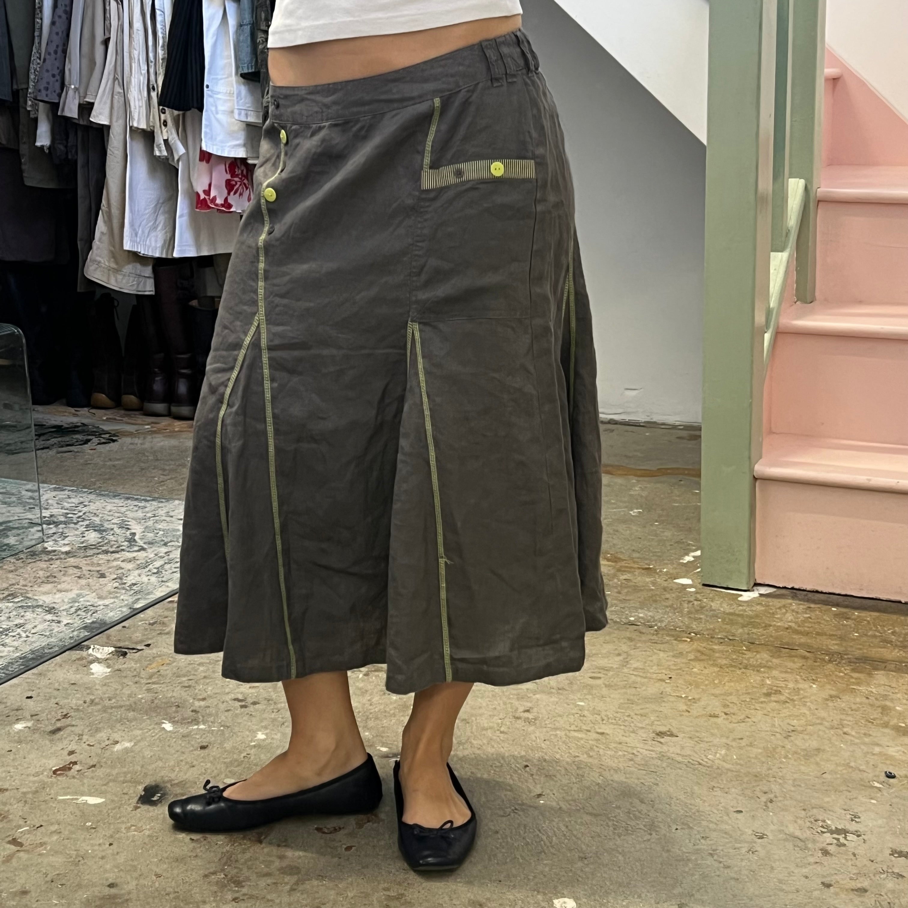 Grey linen utility maxi skirt with green contrast stitching