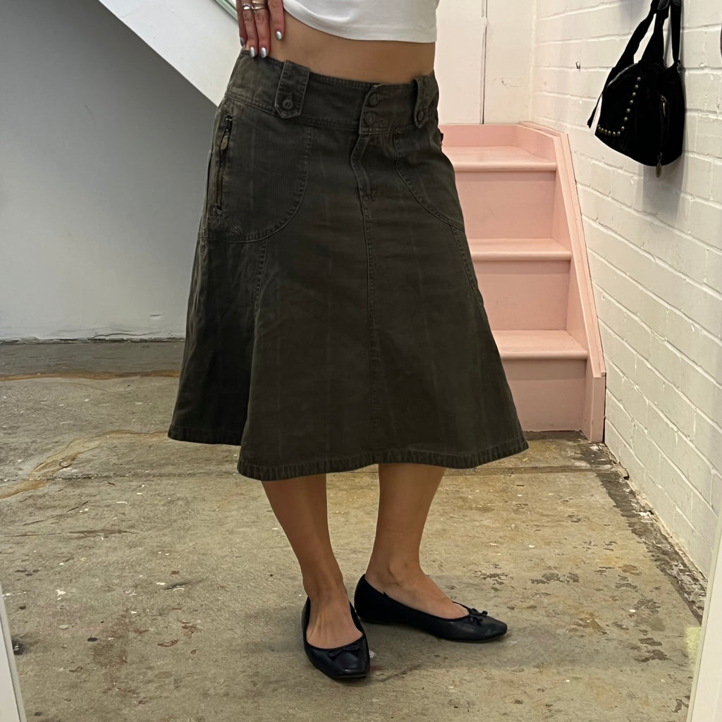 Brown check denim midi skirt