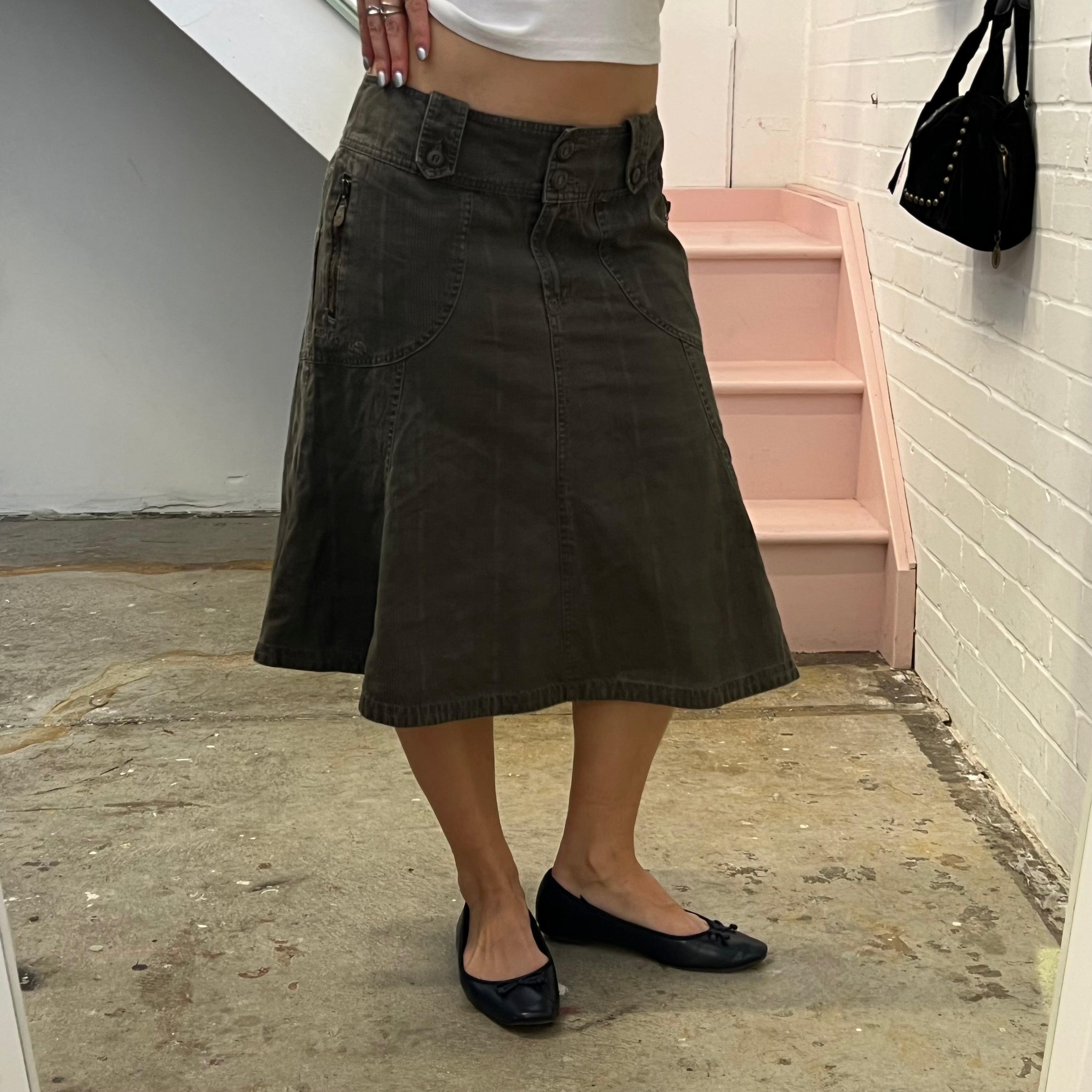 Brown check denim midi skirt