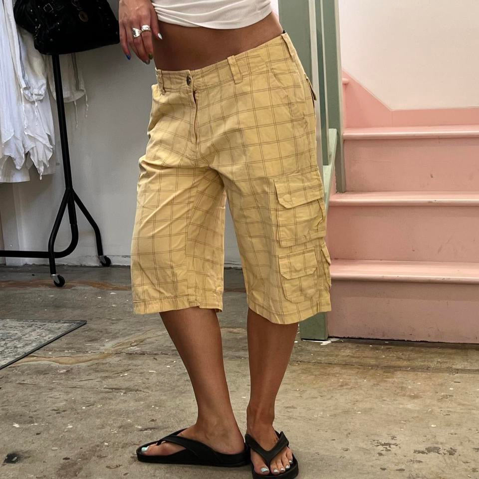 Cream checkered cargo shorts