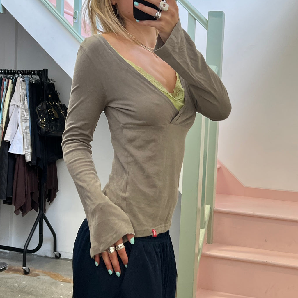 Esprit brown and green long sleeve layered top