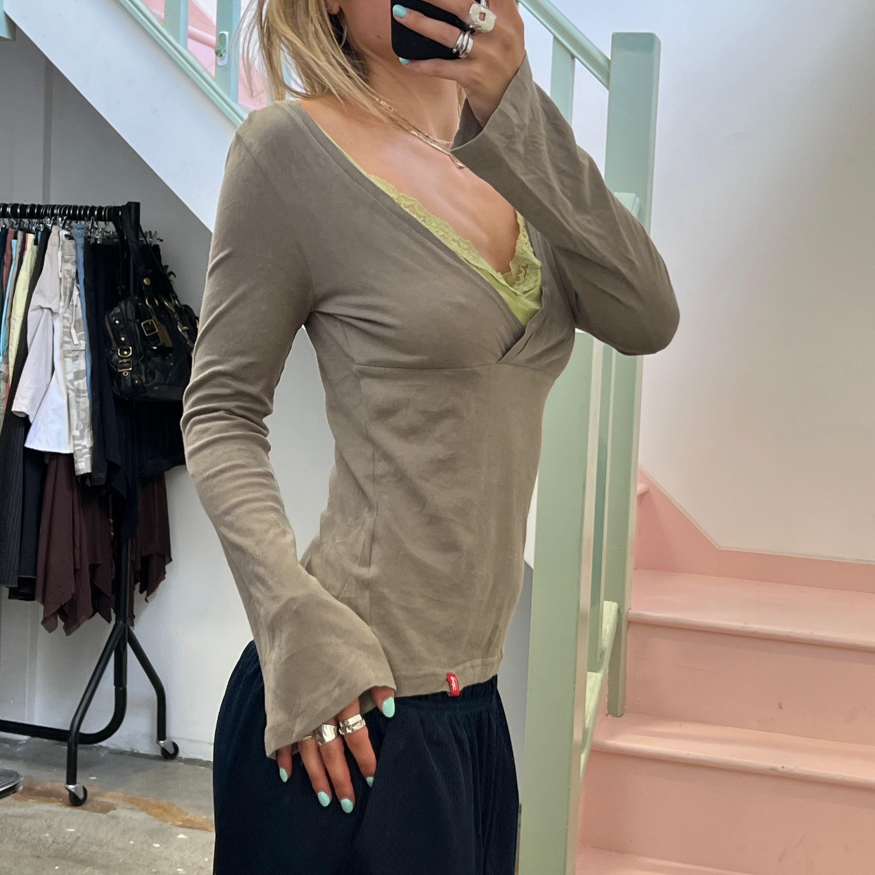Esprit brown and green long sleeve layered top