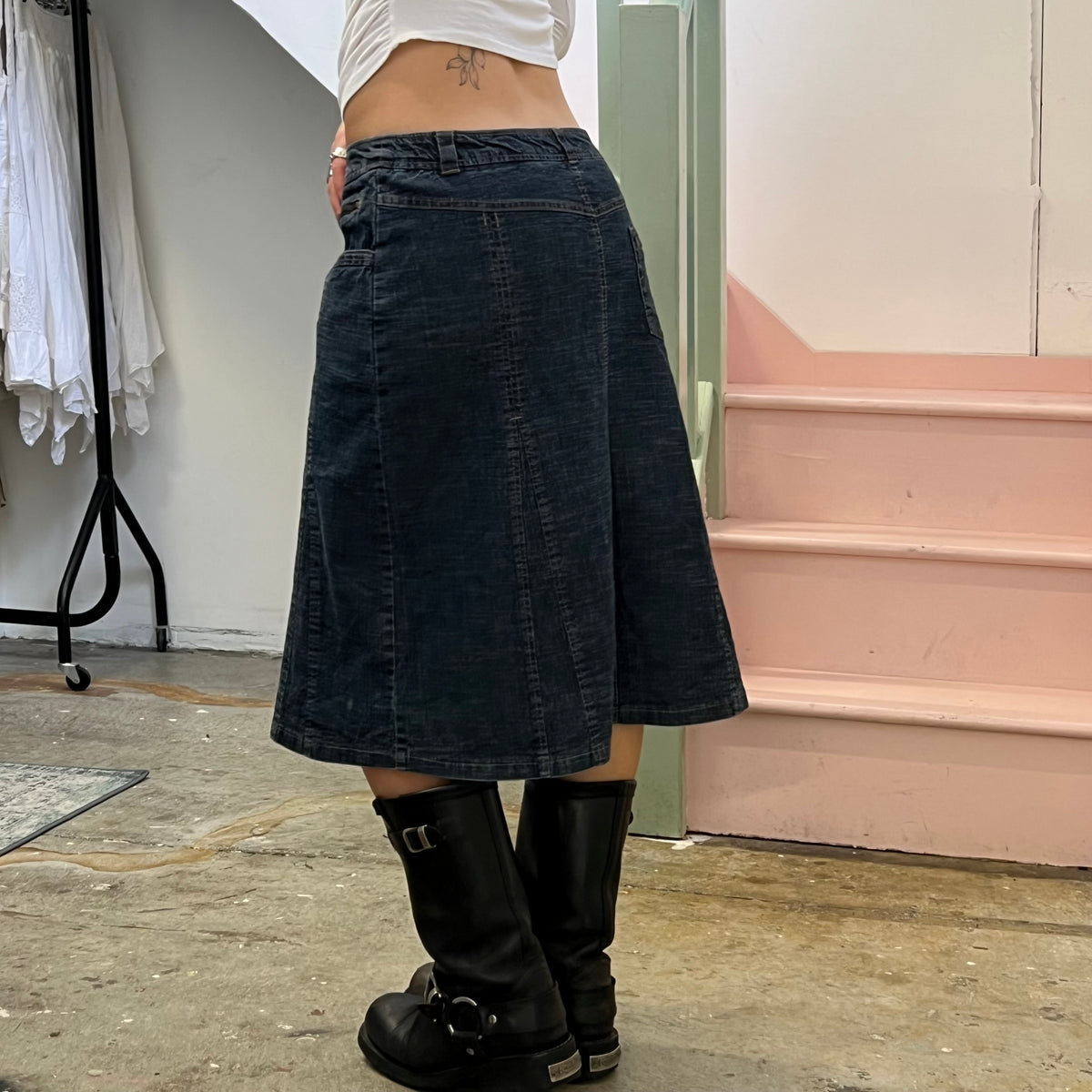 Affinities dark wash denim midi skirt