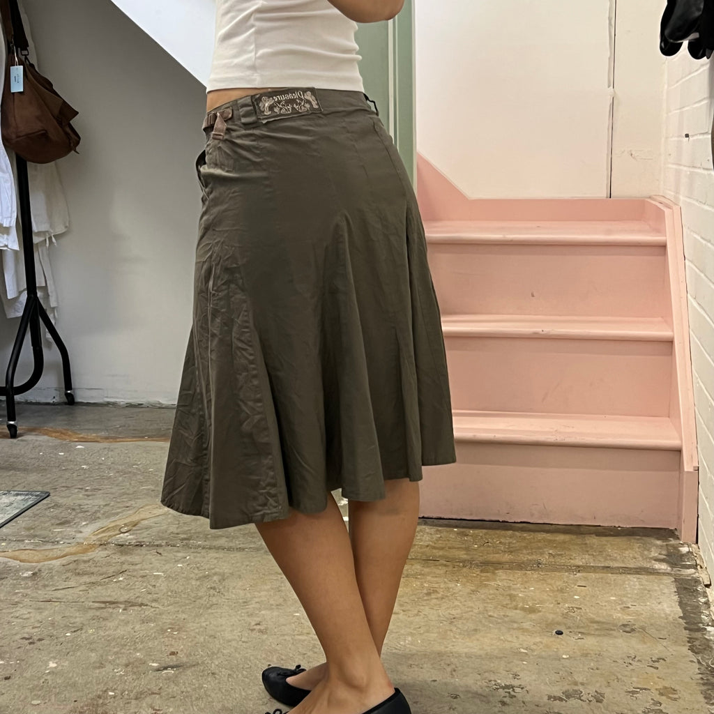 Khaki pleated cargo midi skirt