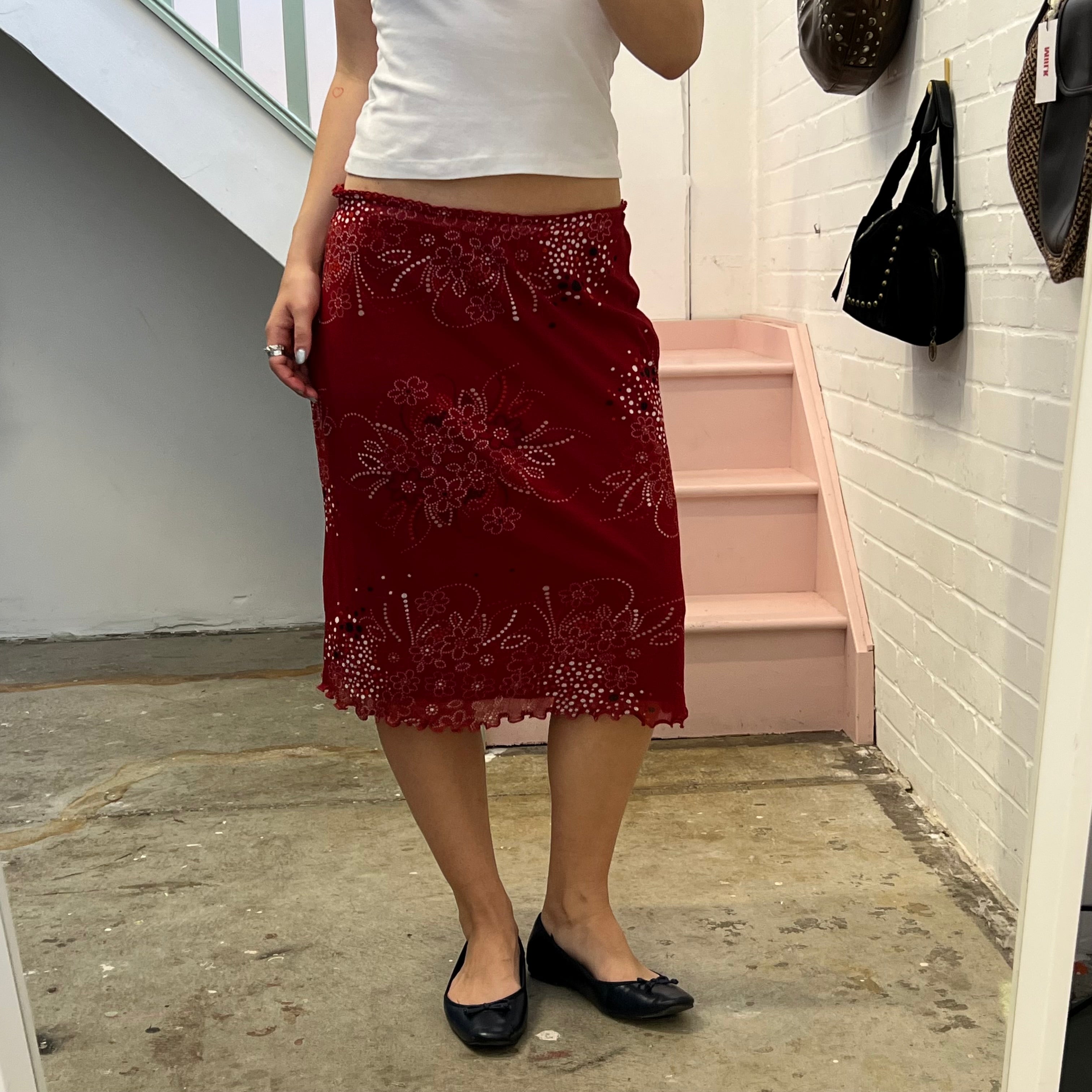 Red floral mesh midi skirt